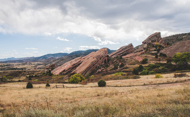 A view of Red Rocks in the distance ouside Denver, Colorado.