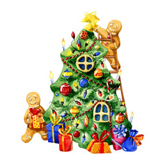 Christmas card. Merry Christmas & happy new year watercolor illustration. Gingerbread mans decorate a christmass tree.