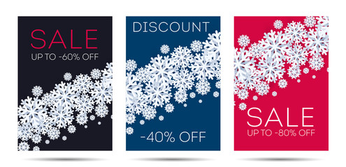 Fototapeta na wymiar Set of winter Christmas posters with snowflakes illusteration in 3d modern style, with discounts sale