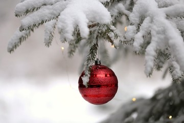 Christmas and New Year winter festive background.Red Christmas ball and shining garland on a spruce snow branch on a blurred winter snow forest background.IPhone Wallpaper. Winter festive decor