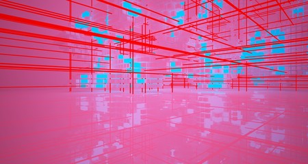 Abstract architectural white interior from array cubes with color gradient neon lighting. 3D illustration and rendering.