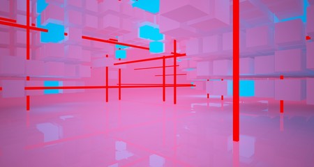 Abstract architectural white interior from array cubes with color gradient neon lighting. 3D illustration and rendering.