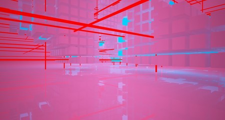 Abstract architectural white interior from array cubes with color gradient neon lighting. 3D illustration and rendering.