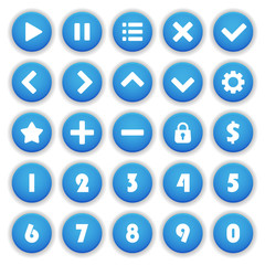 Set 25 of round blue buttons isolated on white background for game user interface. Mobile app vector elements, icons, arrows, level numbers template.