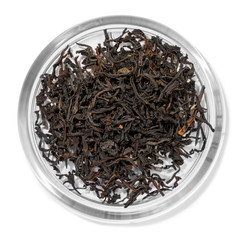 Black tea top view on white background