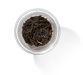 Black tea top view on white background