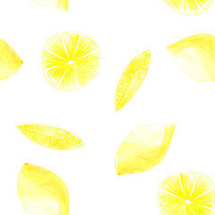 Watercolor hand drawn seamless pattern yellow lemon, citrus, slice, cut food, on white background