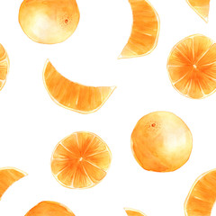 Watercolor hand drawn seamless pattern orange, citrus, slice, cut food, on white background