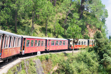 Shimla, India - Sep 09 2019- Kalka–Shimla railway in Shimla, Himachal Pradesh, India. It is part of UNESCO World Heritage Site - Mountain Railways of India. - obrazy, fototapety, plakaty