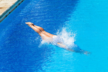 Girl Diving Swimming Pool Diving Half Half Submerged Feet Legs Outdoors