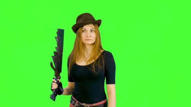girl traveler with a large cleaver looks around warily around green screen