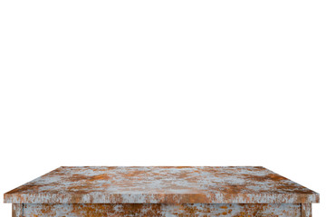Empty Rusty metal table top isolated on white background,  Use as products display montage. Vintage style concept free space use for your copy and branding.3d illustration
