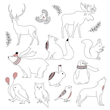 Handdrawn forest animals: deer, bear, volf, fox, rabbit, owl. Winter Illustration