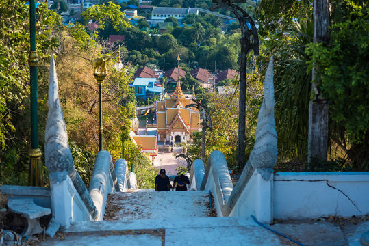 Uthai Thani, Thailand - November, 30, 2019 : Stairs Up and Down 490 steps to the Wat Sangkat Rattana Khiri on Khao Sakae Krang mountain in Uthai Thani, Thailand.