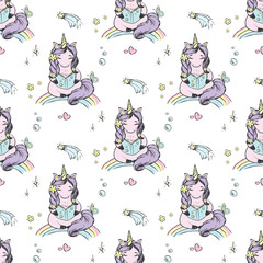 Seamless pattern with cute reading unicorn. Texture background wild fairy animal with book