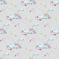 Wall murals Sleeping animals Seamless pattern with cute sleeping unicorn. Texture background wild fairy animals
