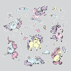 Set of cute unicorns. Fairytail horses with horn.