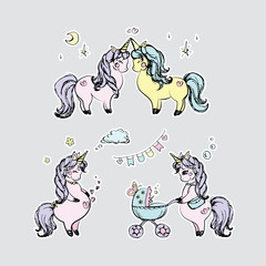 Set of cute unicorns- couple,pregnant unicorn and fairytail horse with baby in carriage.