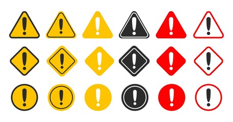 Caution alarm set. Danger sign collection. Attention vector icon. Yellow and red fatal error message element. - obrazy, fototapety, plakaty
