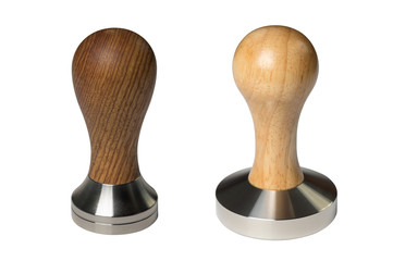 Set of barista coffee tampers with wooden handle isolated on white background