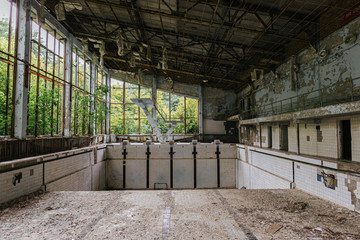 abandoned public pool in the town of Pripyat near Chernobyl