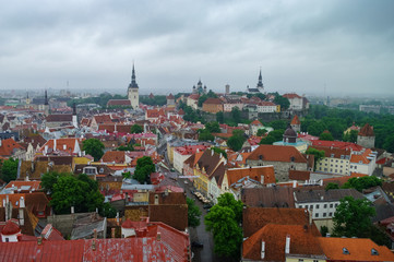 Fototapeta na wymiar Tallinn Old Town and Toompea Hill, Estonia, panoramic view on rainy weather with traditional red tile roofs, medieval churches and walls.