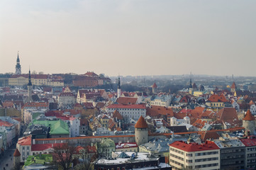 Fototapeta premium Aerial cityscape with Tallinn medieval old town and city wall, Tallinn, Estonia