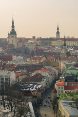 Tallinn old town winter panoramic view with fortress towers and walls, tiles roof and cathedrals spire. Estonia