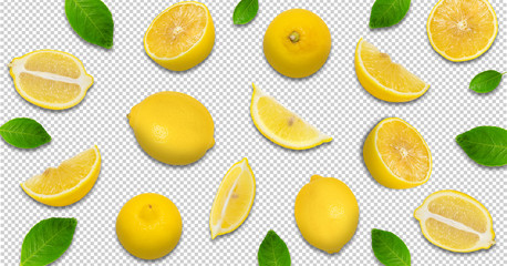 Minimal pastel style creative layout made of lemon and leaves , half of lemon , slide, piece. flat lay. Fruit concept.isolated on transparent background - obrazy, fototapety, plakaty