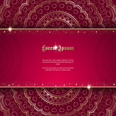 Greeting card or invitation template with golden ornament and confetti. Design for any purposes: wedding, birthday, anniversary or christmas