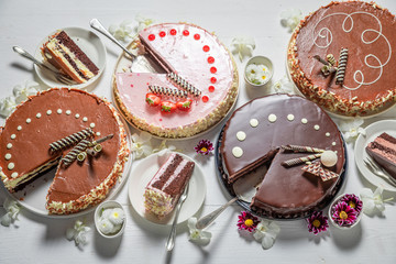 Homemade cakes on table served with coffee