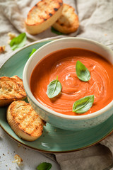 Delicious and creamy tomato soup made of fresh tomatoes