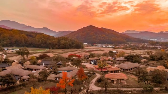 Autumn light sunset landscape of the village of Asan oeam taken by drone