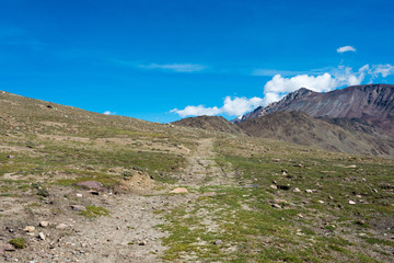 Himachal Pradesh, India - Sep 03 2019 - Kunzum Pass (Kunzum La) - Chandra Taal (Moon Lake) Trekking course in Lahaul and Spiti, Himachal Pradesh, India.