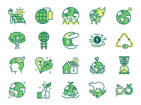 Ecology icon set. Included icons as eco product, clean energy, renewable power, recycle, reusable, go green and more.