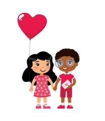 Little boyfriend and girlfriend celebrating Valentines Day flat vector illustrations. Young love. February 14 date isolated design element. Cute multicultural boy and girl holding hands characters 