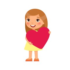 Little girlfriend holding heart shaped greeting card flat vector illustration. Valentines Day celebration. Smiling child character. February 14 holiday isolated design element