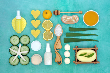 Natural beauty & skin care treatment with aloe vera, cucumber & lemon fruit with spa, cleansing,...