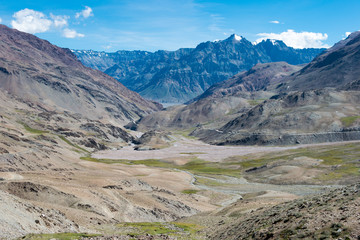 Himachal Pradesh, India - Sep 03 2019 - Spiti Valley view from Kunzum Pass (Kunzum La) - Chandra Taal (Moon Lake) Trekking course in Lahaul and Spiti, Himachal Pradesh, India.