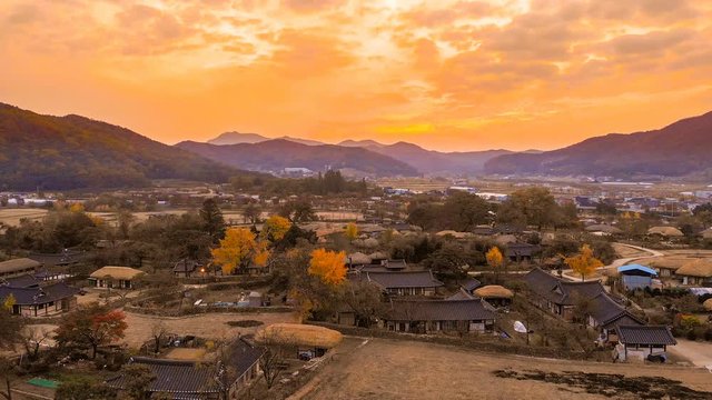 Autumn light sunset landscape of the village of Asan oeam taken by drone