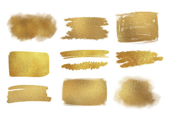 Collection of golden paint strokes to make a background for your design, golden hot foil, gold leaf