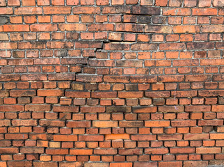 Full frame background damaged weathered old brick wall after demolition works