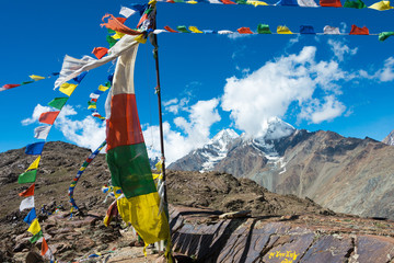 Himachal Pradesh, India - Sep 03 2019 - Tibetan Prayer Flag at Kunzum Pass (Kunzum La) - Chandra...