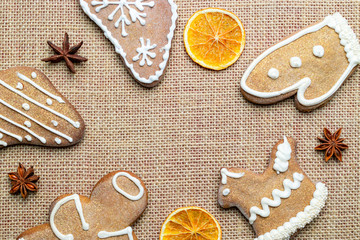 Christmas homemade gingerbread cookies. Celebration cooking Winter concept. New year and christmas postcard or invitation