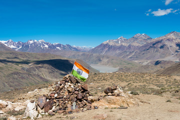 Himachal Pradesh, India - Sep 03 2019 - Indian Flag at Kunzum Pass (Kunzum La) - Chandra Taal (Moon...