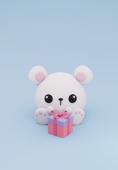 Cute White Little Teddy Bear Alone On Blue Background , Lovely Toy for Kid with copy space & 3D Illustration.