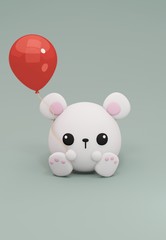 Cute White Little Teddy Bear Alone On Green Gray Background and Red Ballon , Lovely Toy for Kid with copy space & 3D Illustration.
