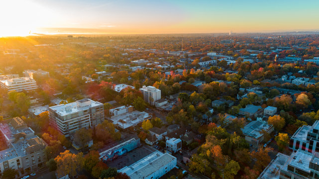 Aerial view of Sacramento neighborhood in the fall