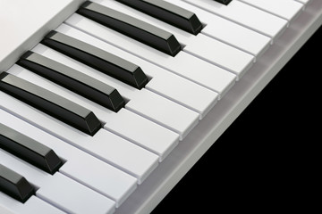 Close up detail on the black and white keys of a music keyboard, with copy space for text
