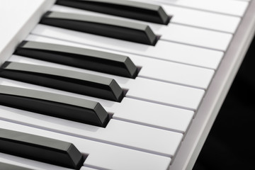 Close up detail on the black and white keys of a music keyboard, with copy space for text